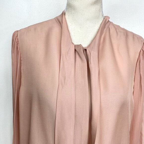 NWT 7 FOR ALL MANKIND SILK BLEND BLUSH PINK TIE-NECK SHEER BLOUSE - L - Picture 6 of 12